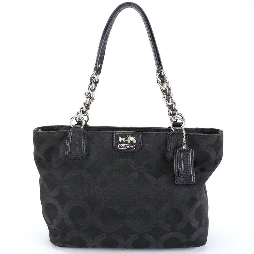 Coach Madison Tote 20481 in Black Sateen Op Art Jacquard with Leather Trim