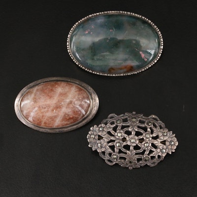 Vintage Sterling Moss Agate, Marcasite and Sunstone Brooches