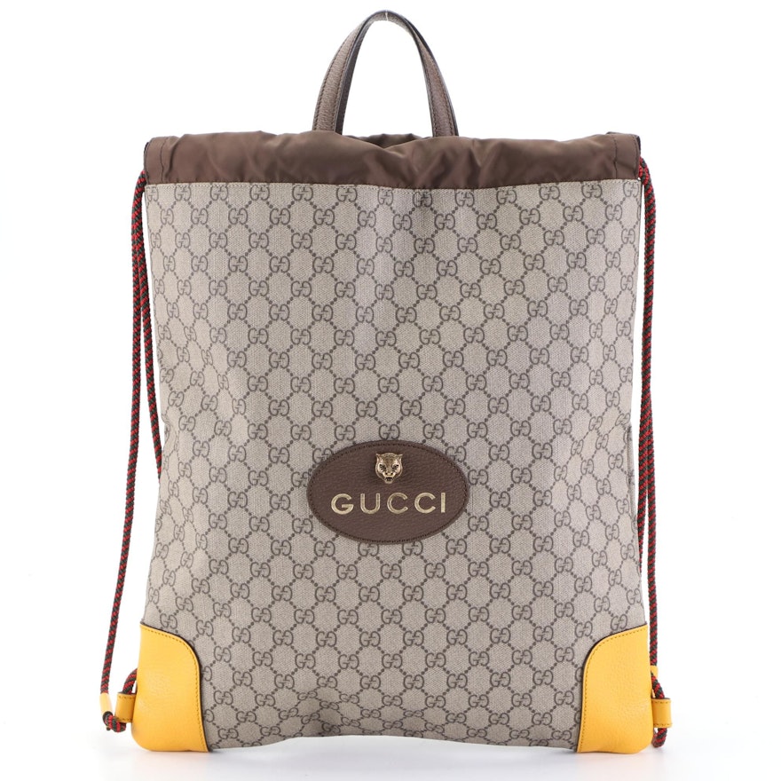 Gucci Neo Vintage Drawstring Backpack Tote in GG Supreme Canvas and Leather