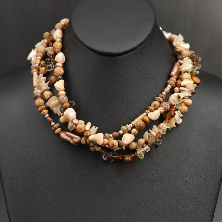 Necklace Including Tiger's Eye, Pearl, Jasper with Sterling Clasp