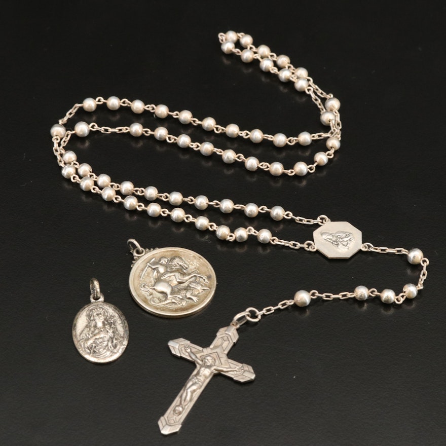 Sterling Creed St. George Pendant and 900 Silver Rosary and St.Philomena Pendant