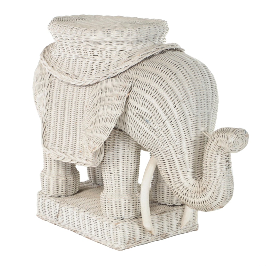 White Painted Wicker Woven Rattan Elephant Form Stool
