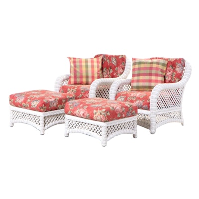 Pair of White-Painted Wicker Easy Armchairs with Ottomans