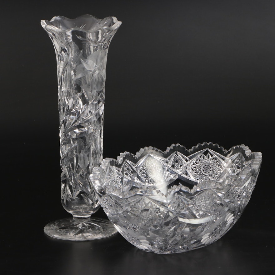 American Brilliant Style Cut Crystal Bowl and Footed Vase, Mid-20th Century