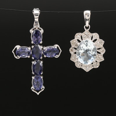14K Iolite Cross and Aquamarine and Diamond Oval Pendants