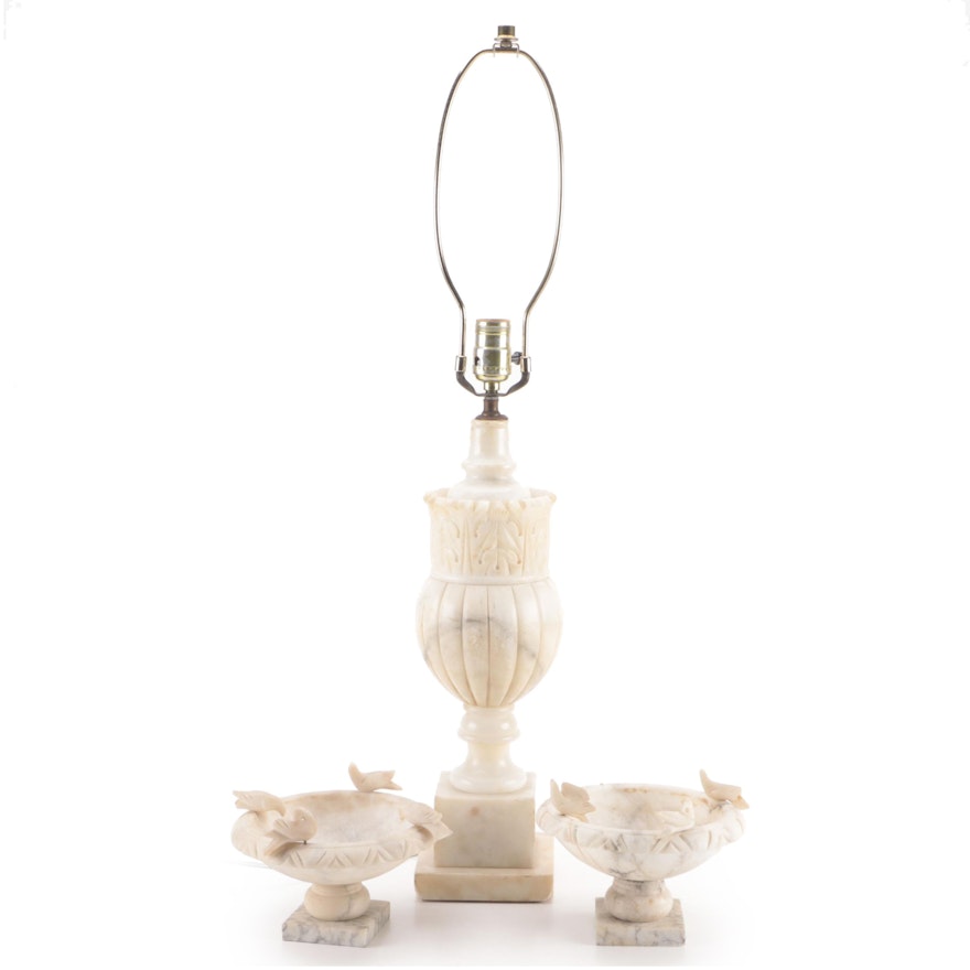 Neoclassical Style Carved Alabaster Table Lamp with Birdbath Pedestal Bowls
