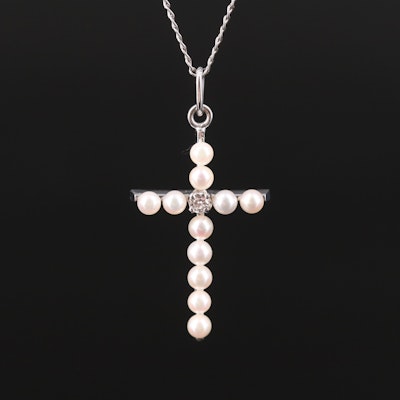 14K Diamond and Seed Pearl Cross Pendant Necklace