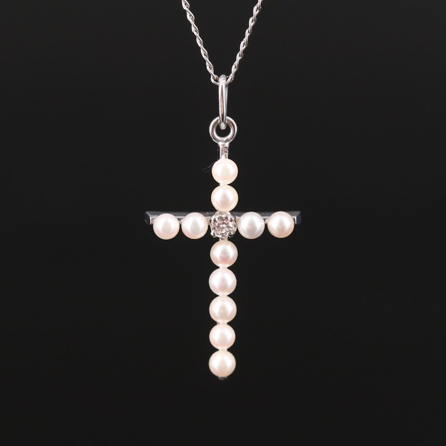 14K Diamond and Seed Pearl Cross Pendant Necklace