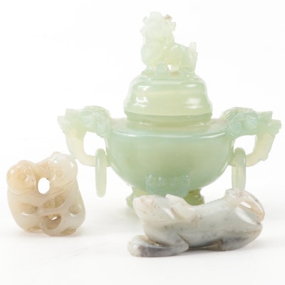 Chinese Carved Serpentine Ring-Handled Censer and Animal Figurines
