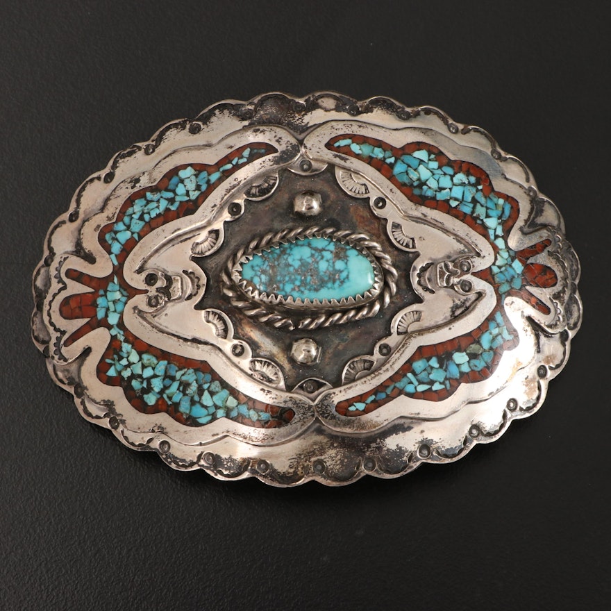 Sterling Silver and Turquoise Southwestern Style Belt Buckle with Chip Inlay