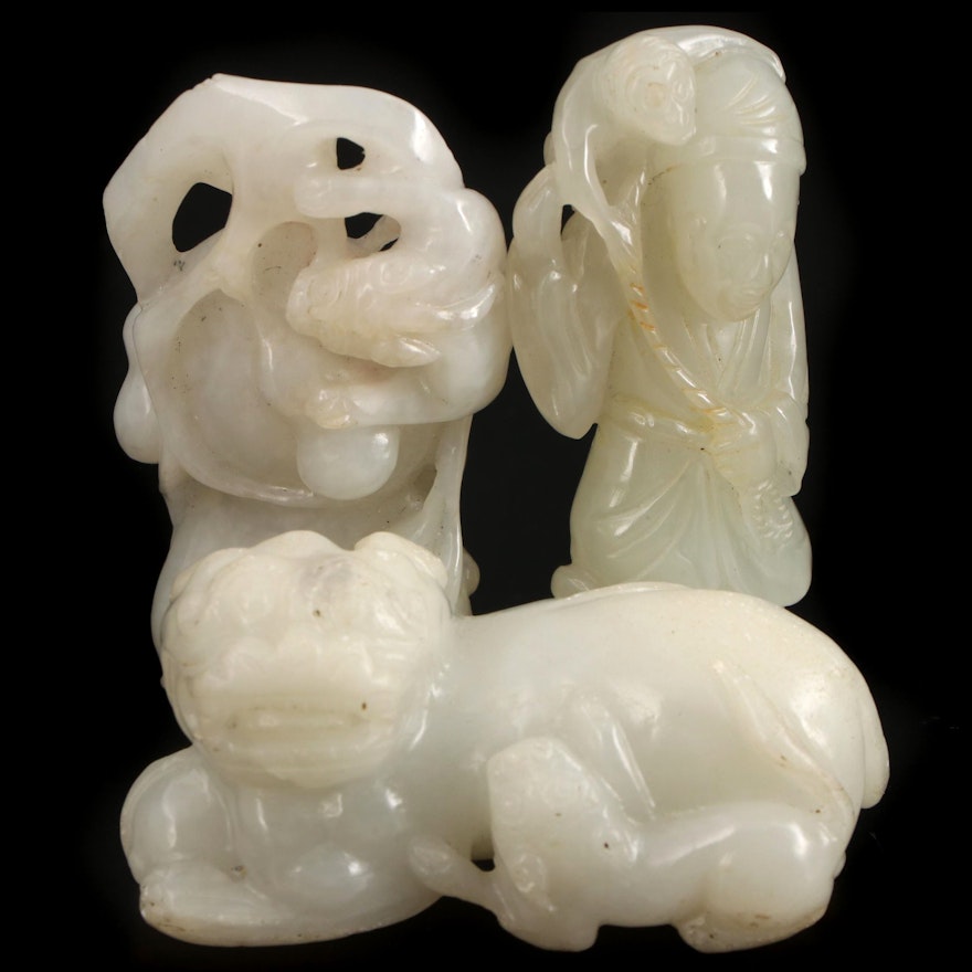 Chinese Carved Serpentine Guardian Lion and Other Figurines