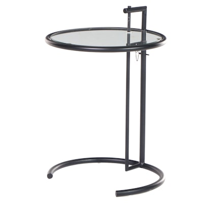 Modernist Style Patinated Metal and Glass Top Adjustable Side Table