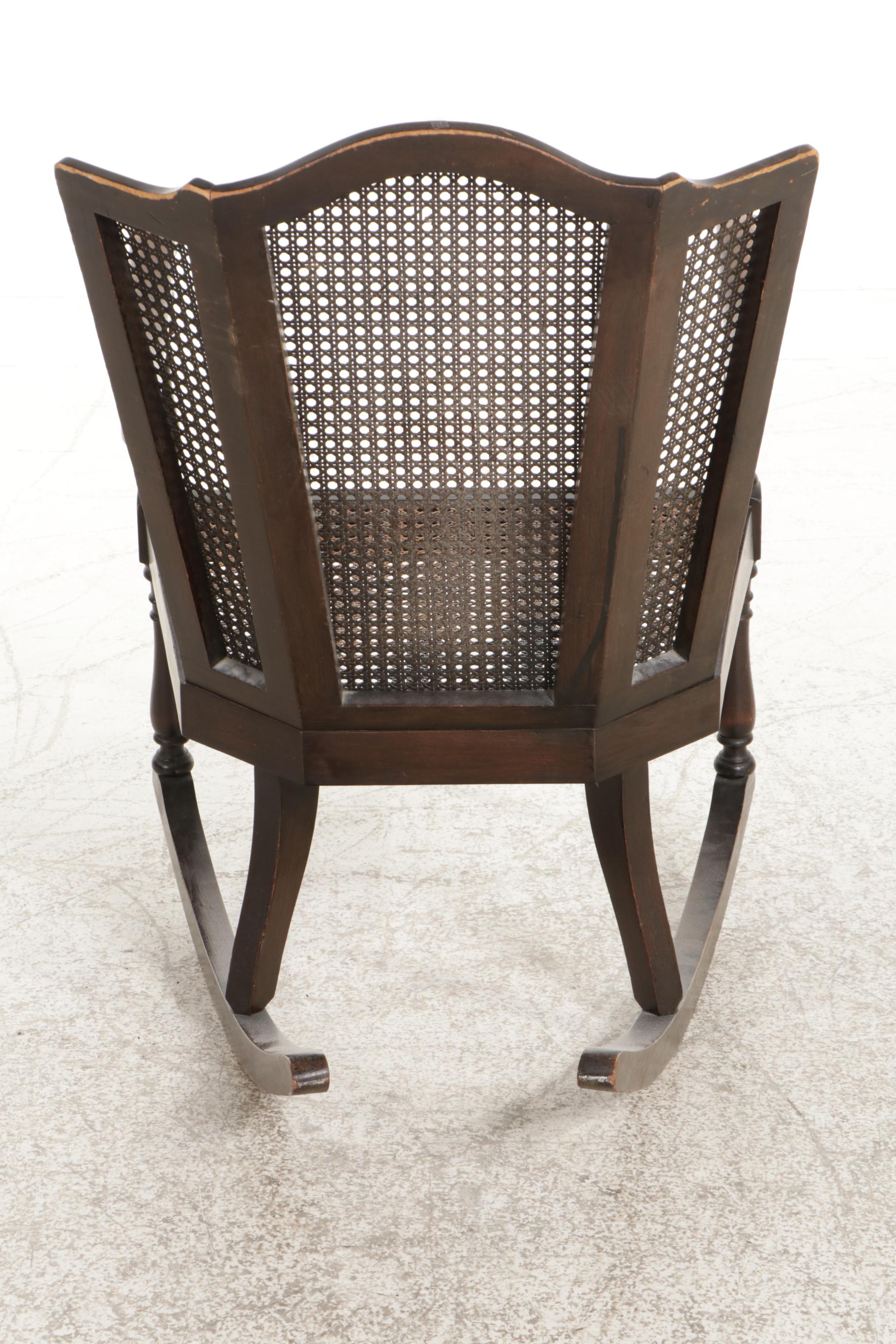 Queen Anne Style Ebonized and Caned Wingback Rocking Armchair EBTH