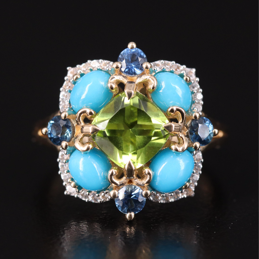 14K Peridot, Turquoise and Sapphire Quatrefoil Ring