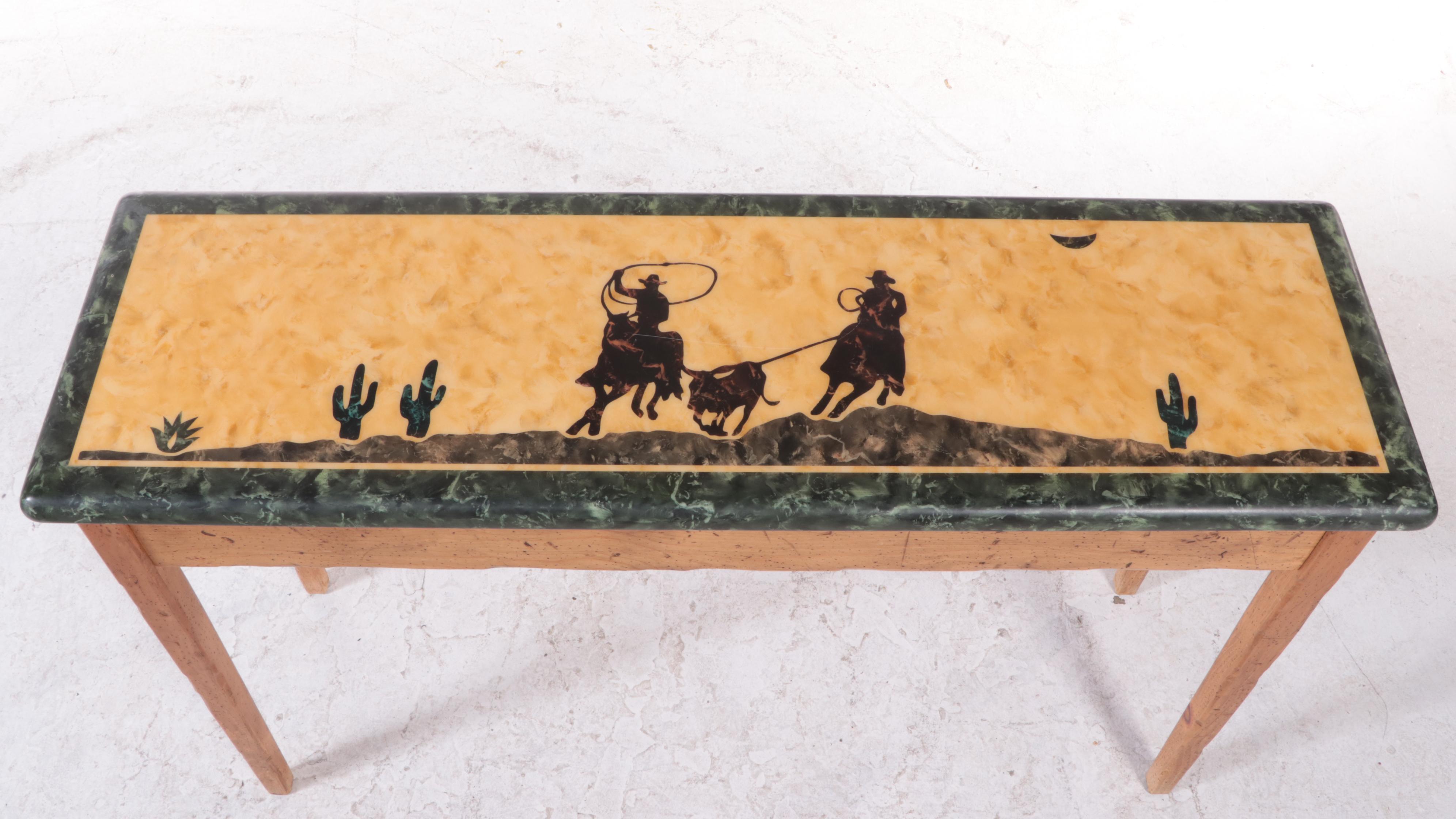 Pine and Faux Marble Top Console Table with Western Scene | EBTH