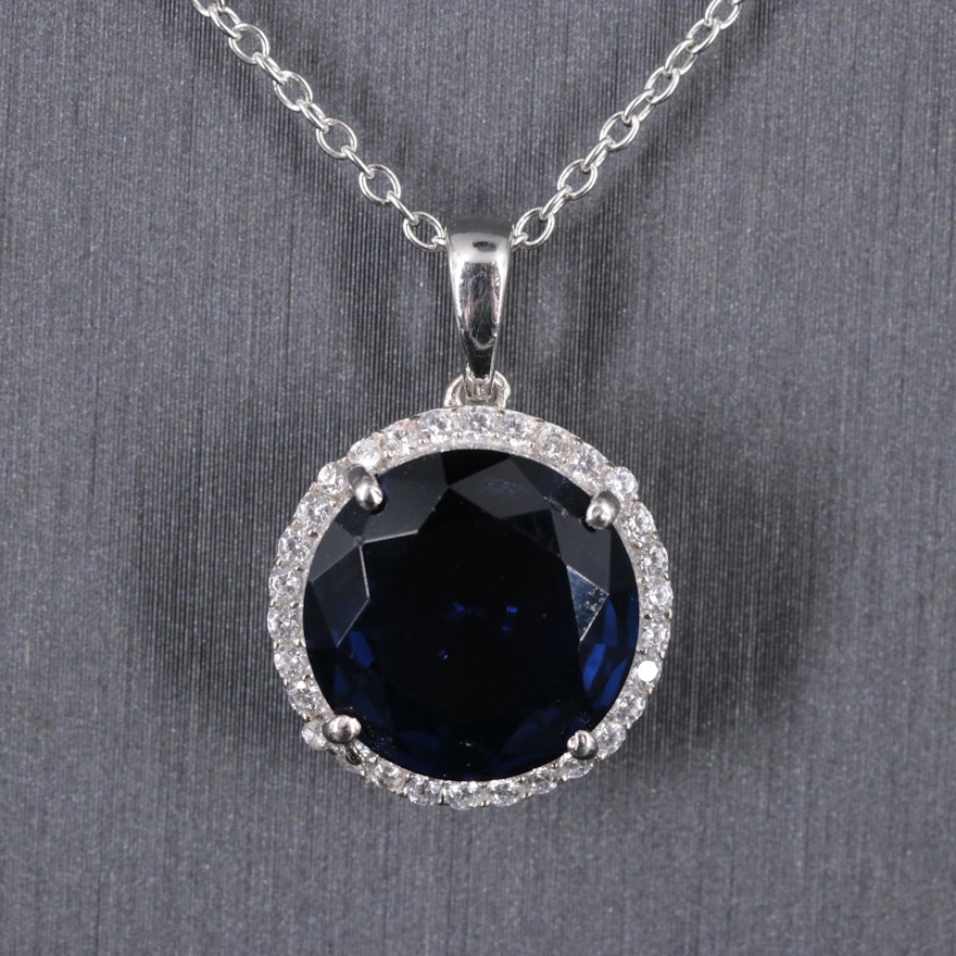 Sterling Silver Sapphire and Cubic Zirconia Pendant Necklace