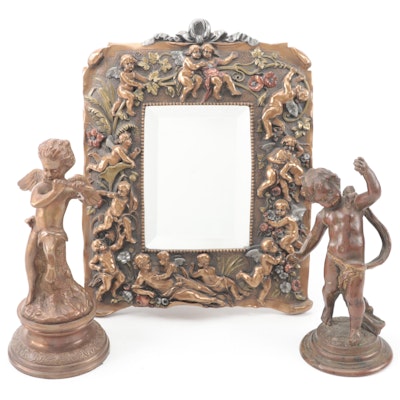 Victorian Cold-Painted Bronze Table Top Mirror and Bronze Putti Figurines