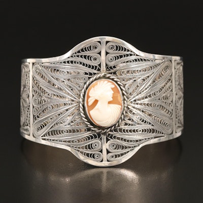 Vintage Sterling Shell Filigree Cameo Cuff