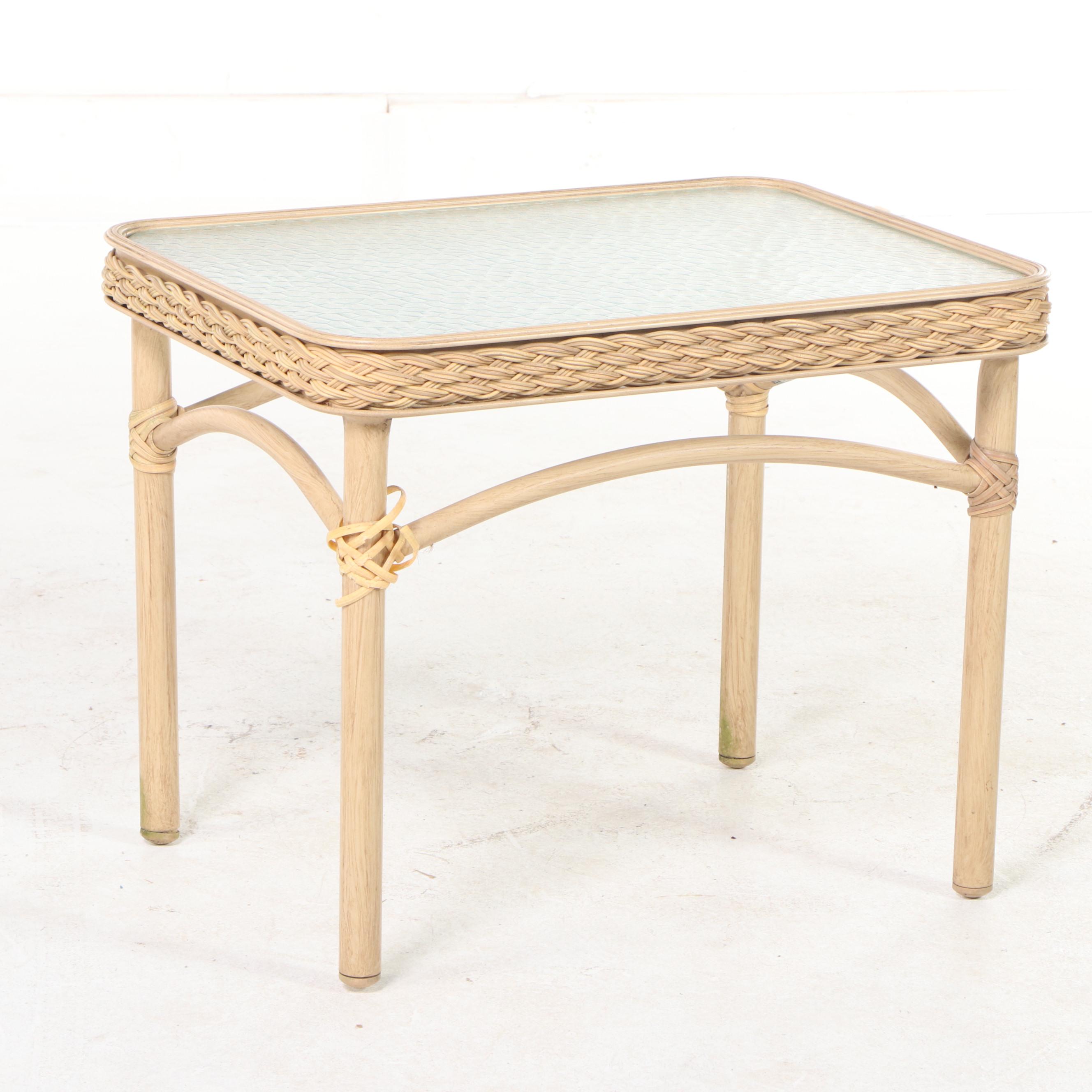 Pair of Resin Wicker Lounge Chairs with Brown Jordan Table EBTH