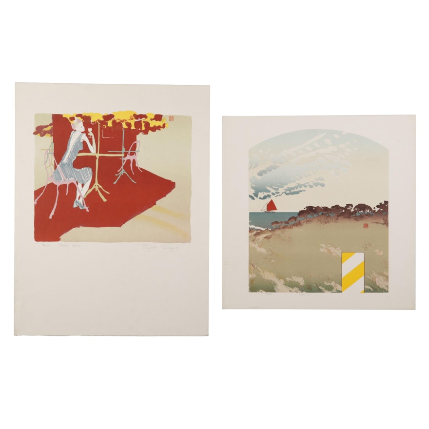 Elizabeth Schippert Color Lithographs "Road Sign" and "Street Music"
