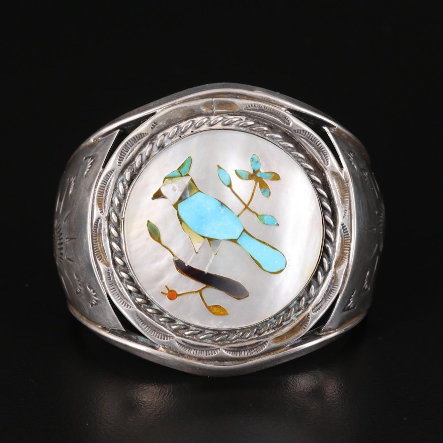 Signed Navajo Diné Sterling Mother-of-Pearl, Abalone and Turquoise Inlay Cuff