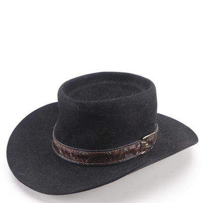 John B. Stetson Co. Black 4X Beaver Felt Gambler Hat with Tooled/Buckled Hatband