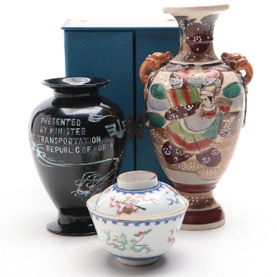 Japanese Moriage Vase with Chinese Porcelain Rice Bowl and Korean Lacquer Vase
