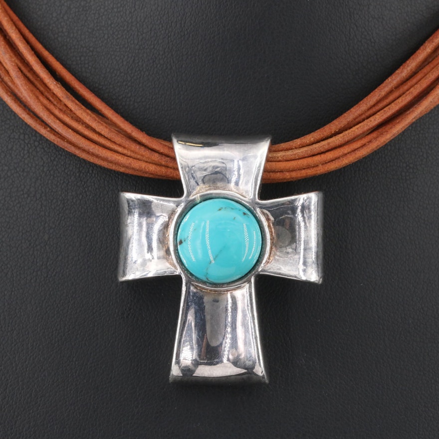 Simon Sebbag Designs Sterling Turquoise Concave Cross Pendant Necklace