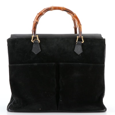 Gucci Medium Bamboo Shopper Tote in Black Suede and Cinghiale Leather