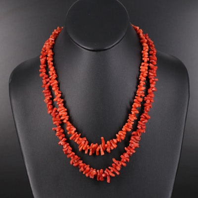 Pairing of Graduated Tumbled Coral Necklaces with Sterling Clasps