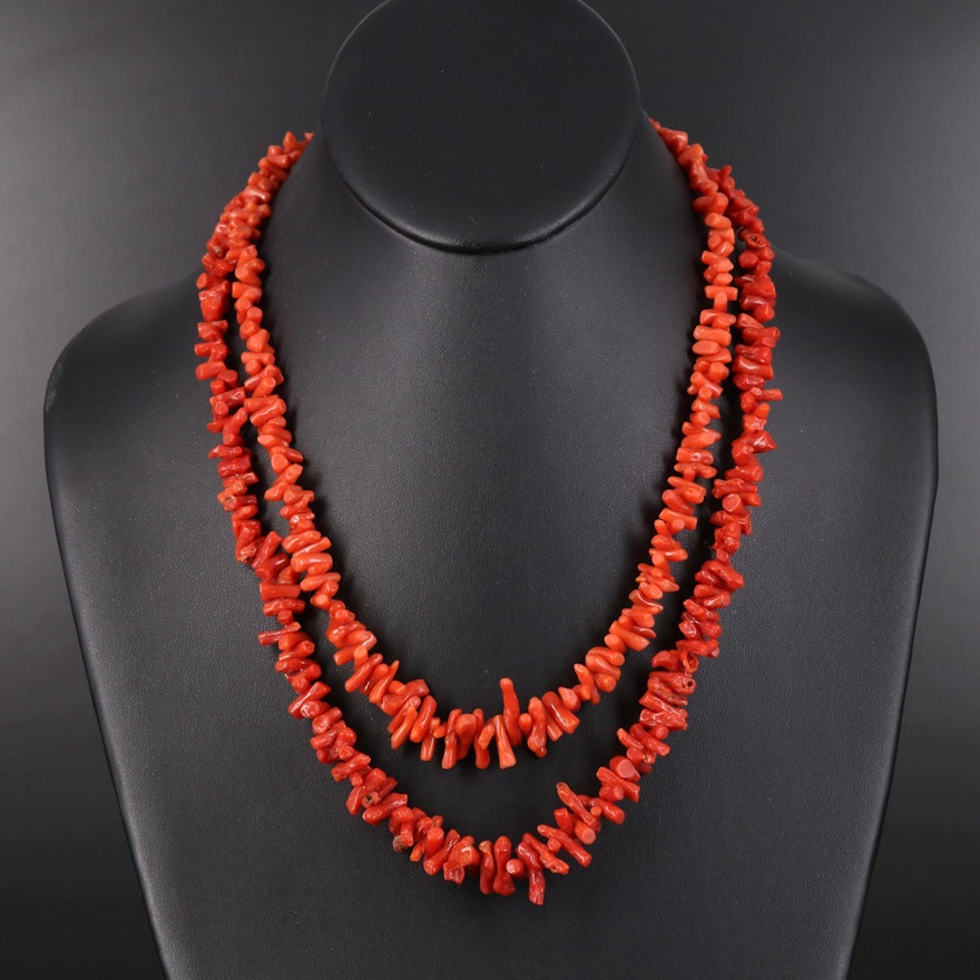 Pairing of Graduated Tumbled Coral Necklaces with Sterling Clasps