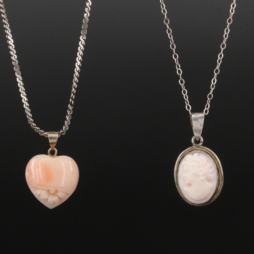 Vintage Sterling Carved Coral Cameo and Heart Pendant Necklaces