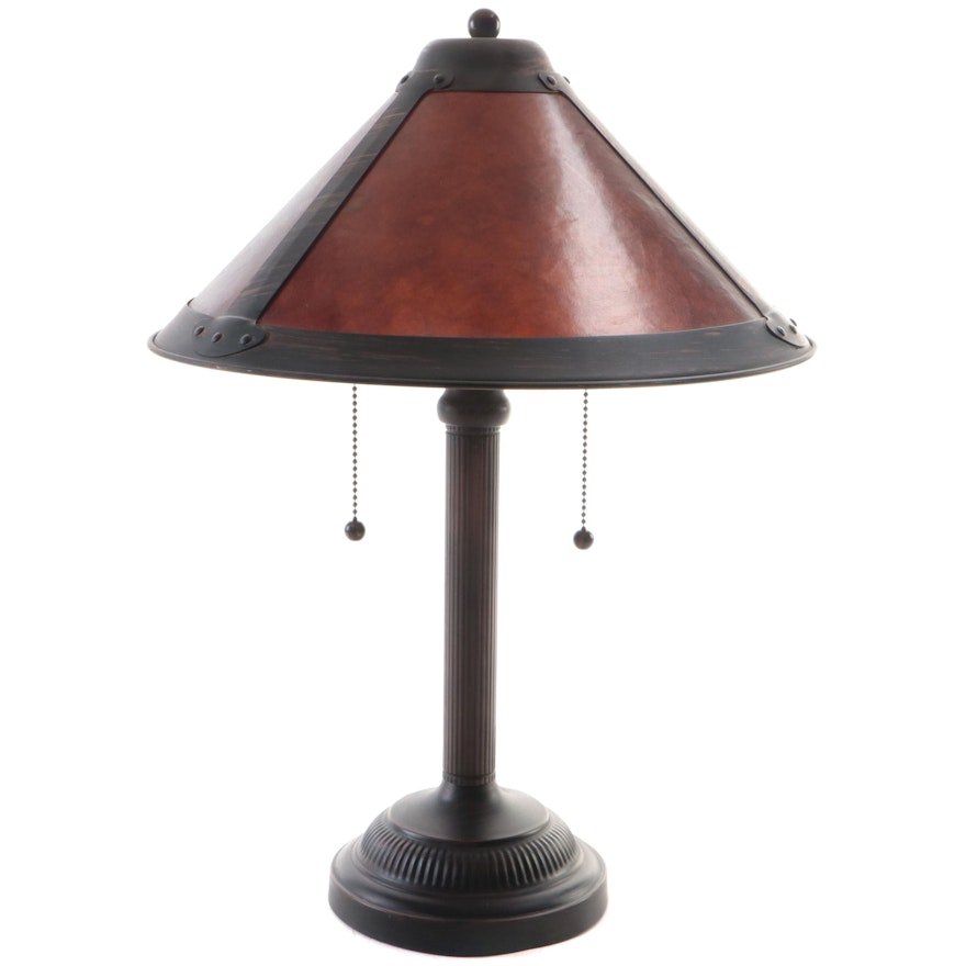 Mica Shade Arts & Crafts Style Patinated Metal Column Table Lamp