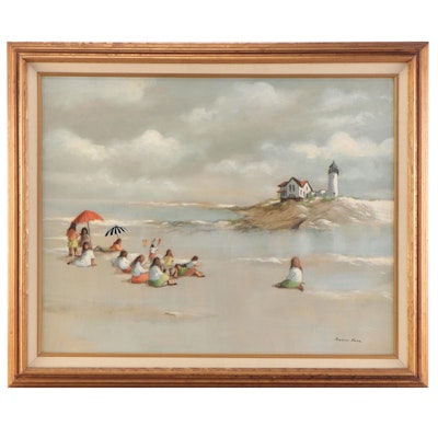 Robert Fabe Beach Scene Oil Painting, Late 20th Century