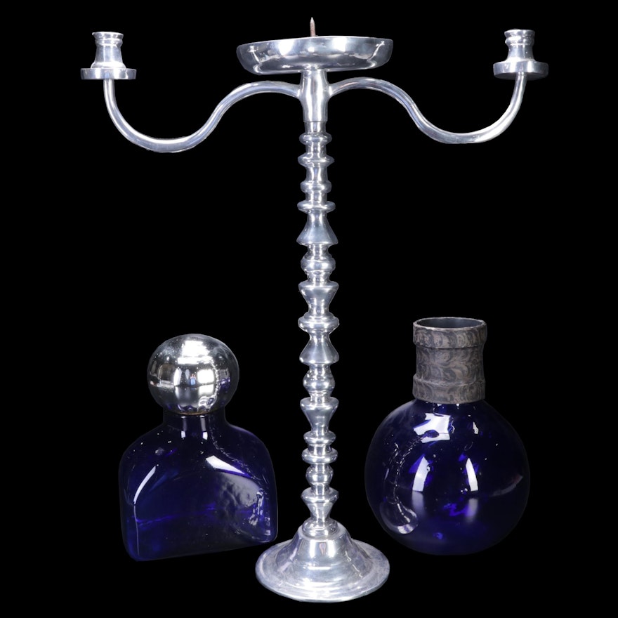 Large Chrome Finished Candle Holder and Two Cobalt Blue Glass Vessels