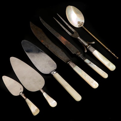 Mother-of-Pearl Handled Carving and Serving Utensils with MOP Spoon