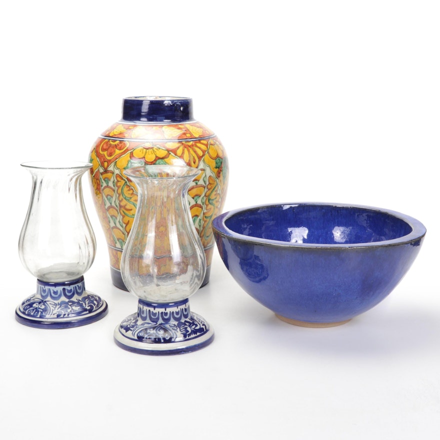 Portugese Style and Mexican Pottery Vase, Candle Holders and Bowl
