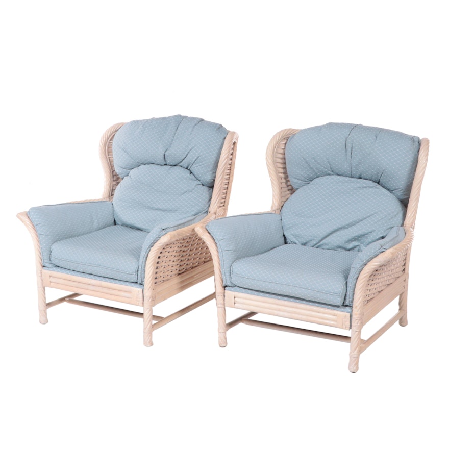 Pair of Painted Wicker, Rattan, and Custom-Upholstered Wingback Armchairs
