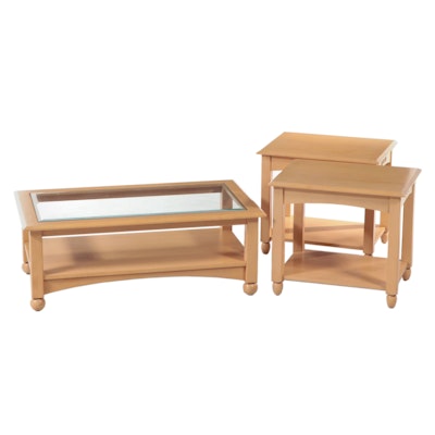 Ethan Allen Three-Piece Birch and Glass Coffee and End Tables