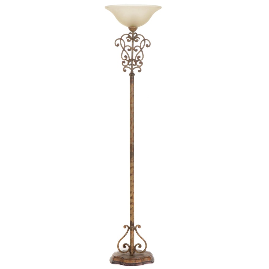 Scrolled Cast Metal Torchiere Floor Lamp With Satin Glass Shade