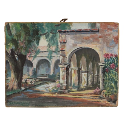 Oil Painting of Courtyard "San Juan Capistrano Mission, California"