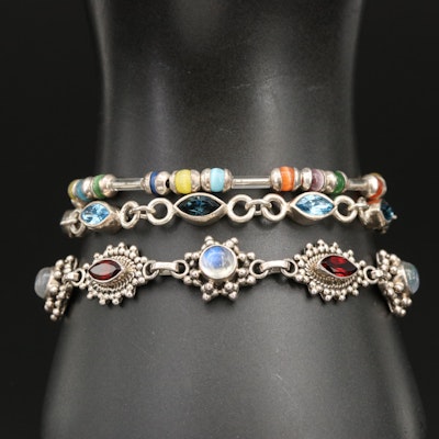 Sterling Bracelets Including Moonstone, Garnet and Glass