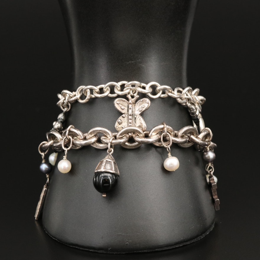 Sterling Charm Bracelets Including Museum of Fine Arts Charms and Gemstones
