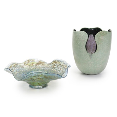 Ceramic Tulip Vase and Blown Art Glass Freeform Bowl