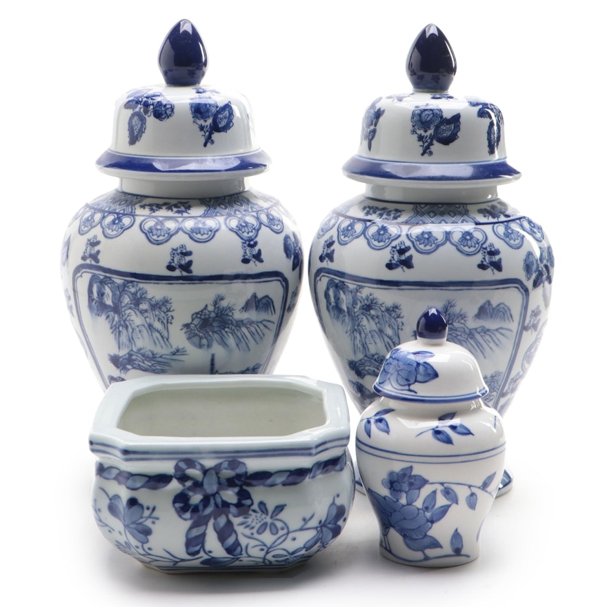 Blue and White Floral-Decorated Porcelain Covered Urns and Cache Pot