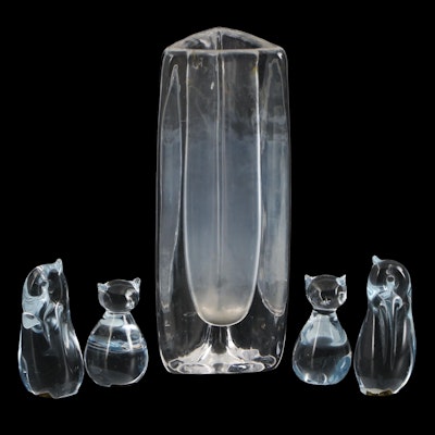 Randsfjord Glassverk Penguin and Cat Figurines with Triangular Crystal Vase