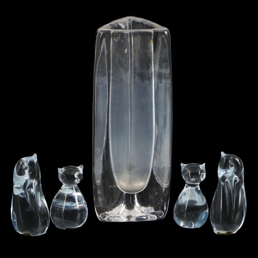Randsfjord Glassverk Penguin and Cat Figurines with Triangular Crystal Vase