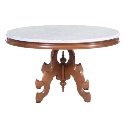 Victorian Style Oval Walnut Coffee Table with Marble Top