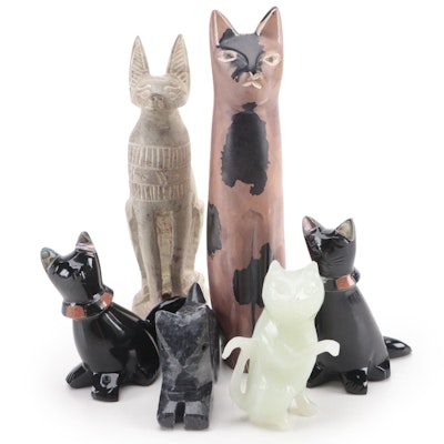 Carved Obsidian, Alabaster, Marble, and Serpentine Cat Figurines