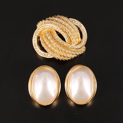 Christian Dior Knotted Brooch and Imitation Pearl Earrings